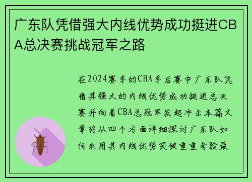 广东队凭借强大内线优势成功挺进CBA总决赛挑战冠军之路