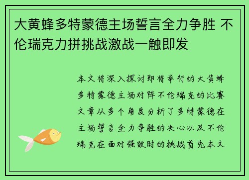 大黄蜂多特蒙德主场誓言全力争胜 不伦瑞克力拼挑战激战一触即发
